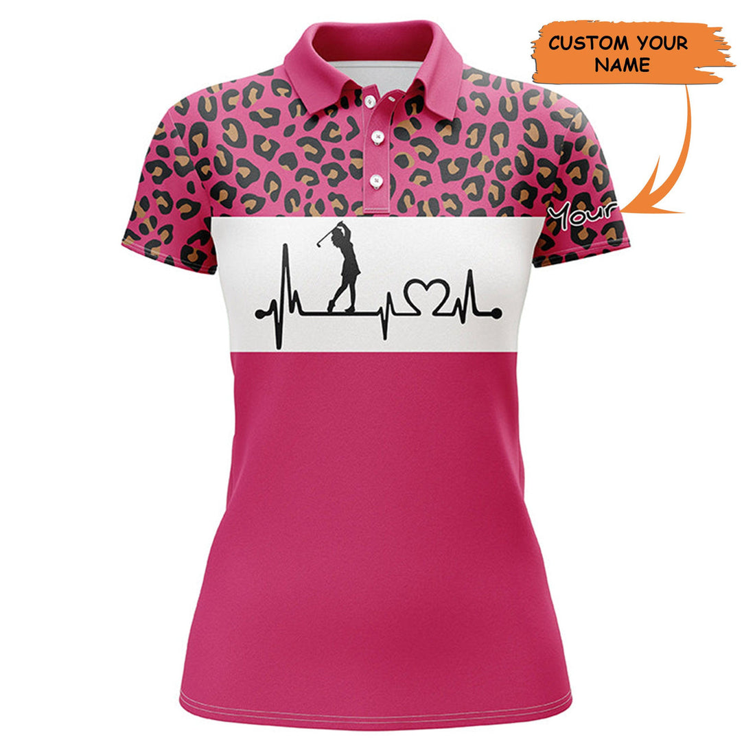 Custom Womens Golf Polo Shirt Golf Heartbeat Custom Name Leopard Golf Shirt, Best Golfing Gift For Women