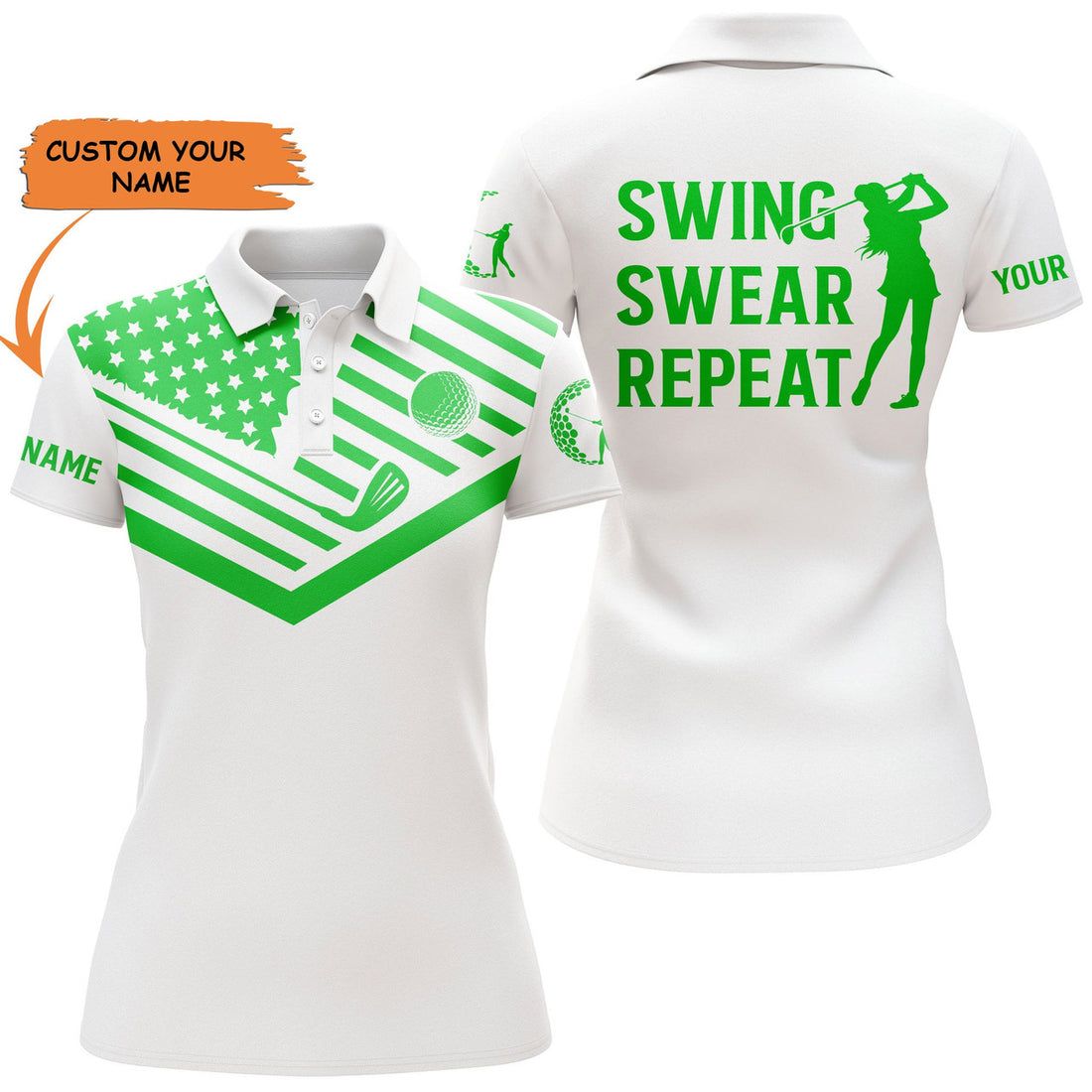 Custom Womens Golf Polo Shirt Green American Flag Custom Name Swing Swear Repeat White Golf Shirt
