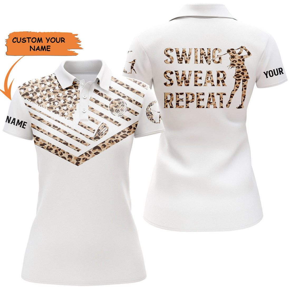 Custom Womens Golf Polo Shirt Leopard Pattern American Flag Custom Name Swing Swear Repeat White Golf Shirt