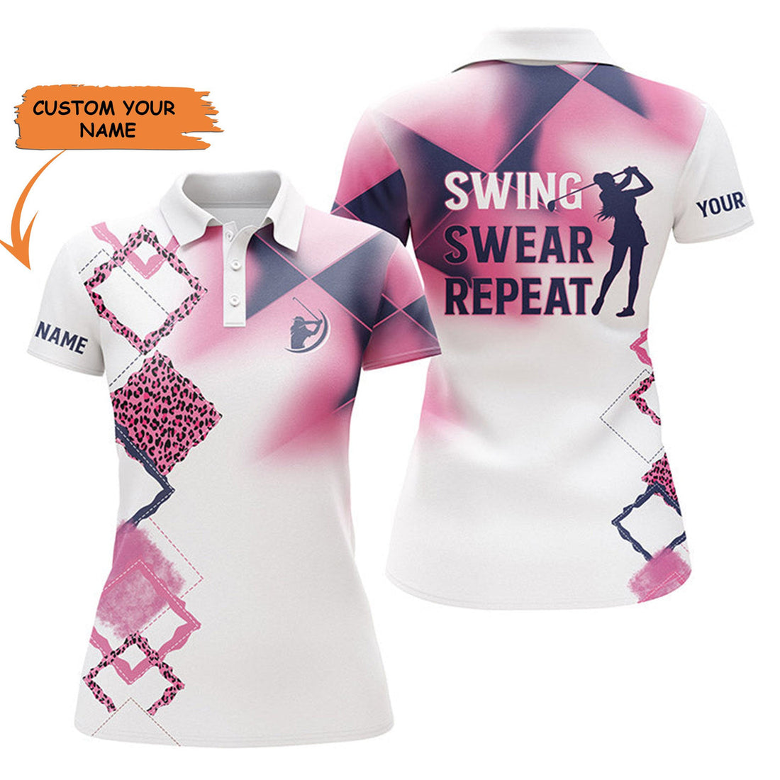 Custom Womens Golf Polo Shirt Pink Leopard Custom Name Swing Swear Repeat White Golf Shirt