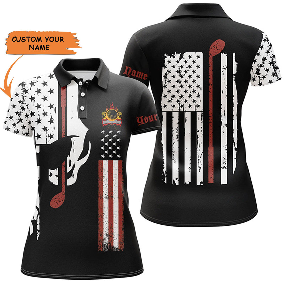 Custom Womens Golf Polo Shirt Plus Size American Flag Shirt Golf Skull Club Custom Name Ladies Golf Tops, Best Gift For Women