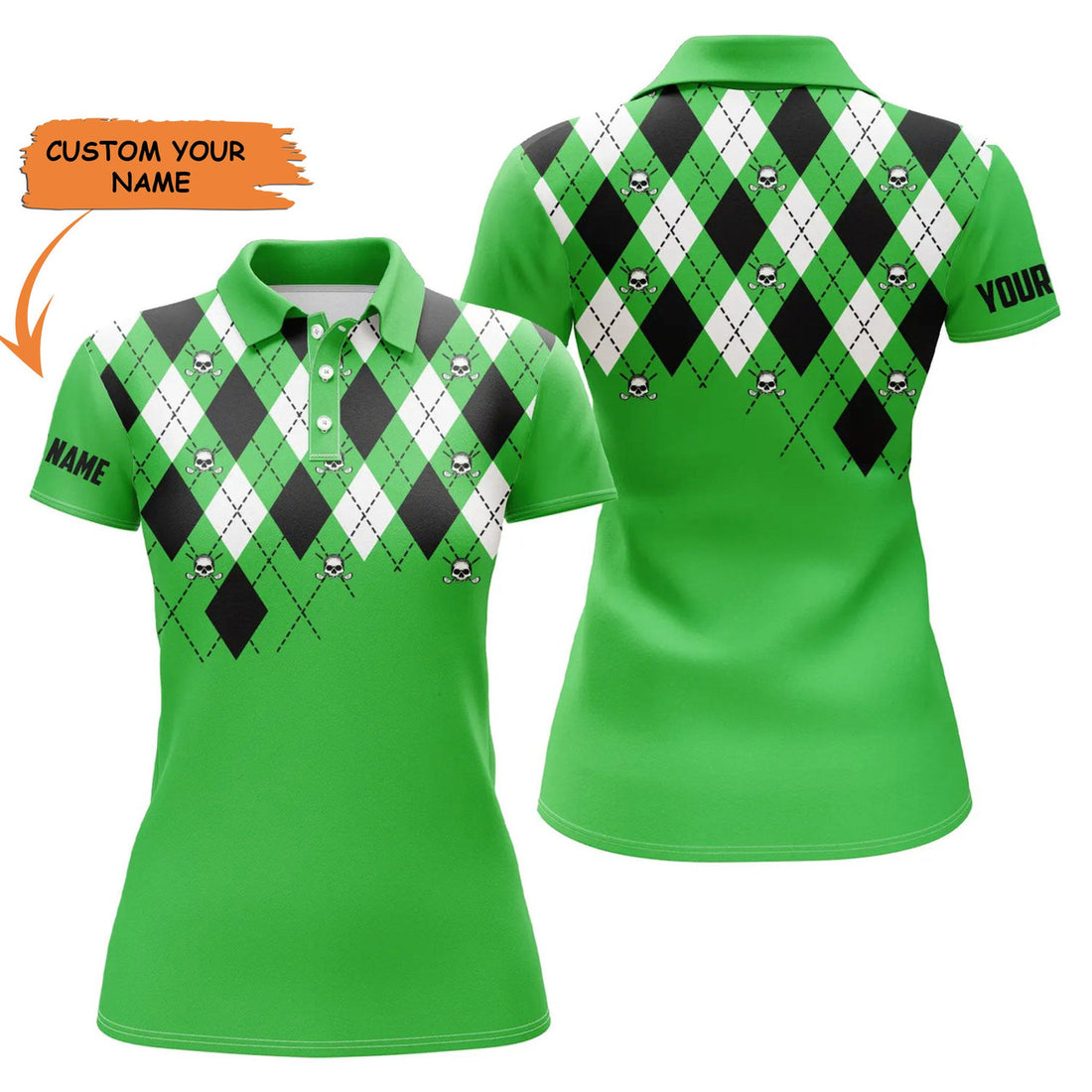 Custom Womens Golf Polo Shirt Plus Size Green Argyle Plaid Golf Skull Pattern Custom Ladies Green Golf Tops, Best Gift For Women