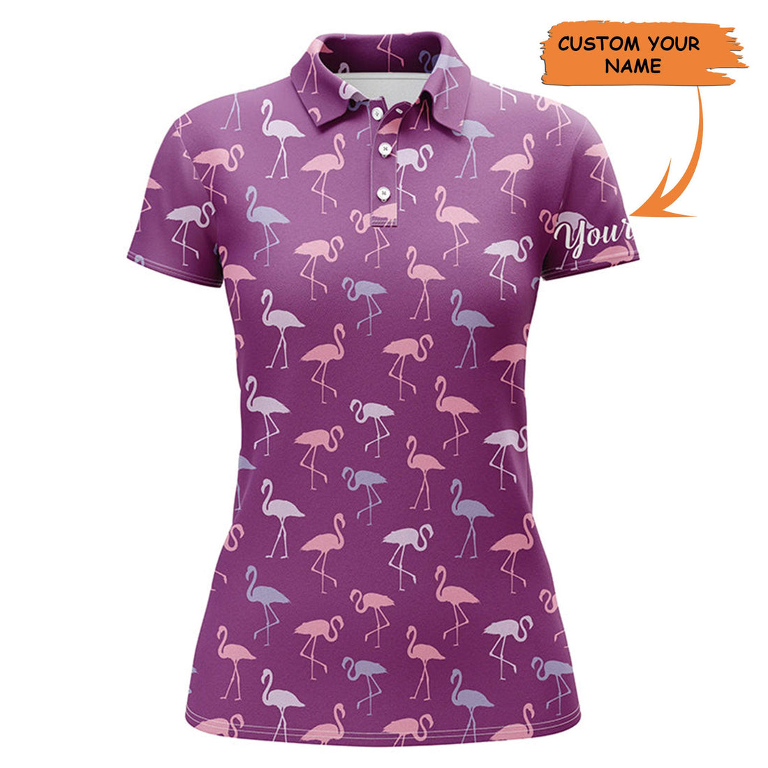 Custom Womens Golf Polo Shirt Purple Flamingos Birds Pattern Tropical Custom Name Team Golf Polo Shirts, Best Gift For Women