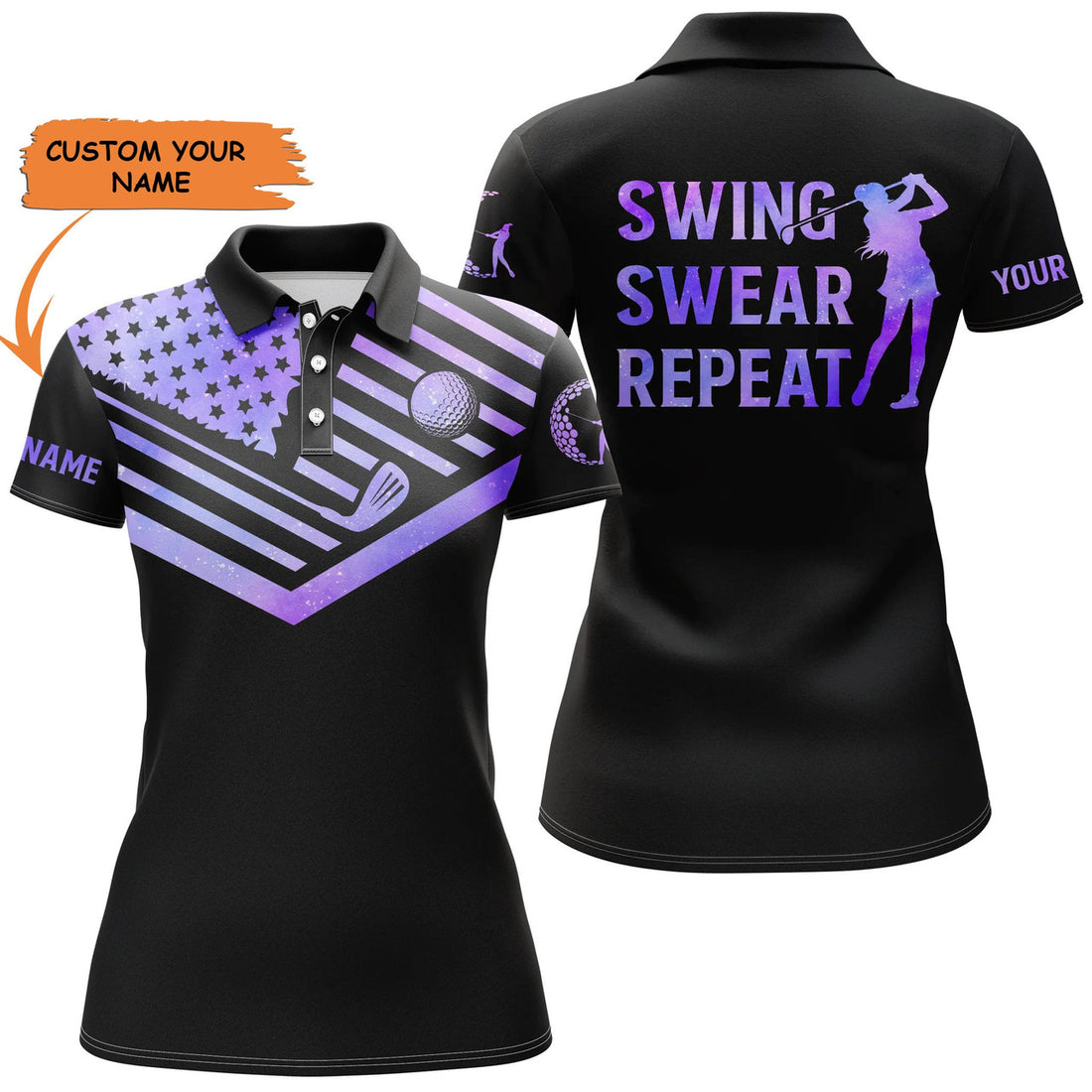 Custom Womens Golf Polo Shirt Galaxy American Flag Custom Name Swing Swear Repeat White Golf Shirt, Perfect Gift For Women