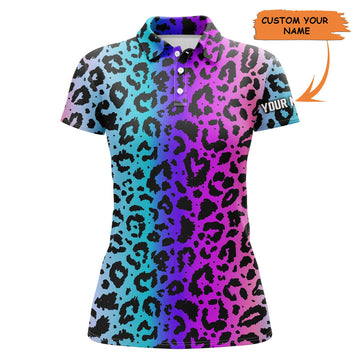 Custom Womens Golf Polo Shirts Colorful Neon Gradient Leopard Print Pattern Custom Golf Clothes For Women