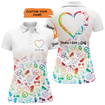 Custom Womens Golf Polo Shirts Custom Name Watercolor Peace Love Golf, Personalized Golf Shirt For Women, Perfect Gift For Women
