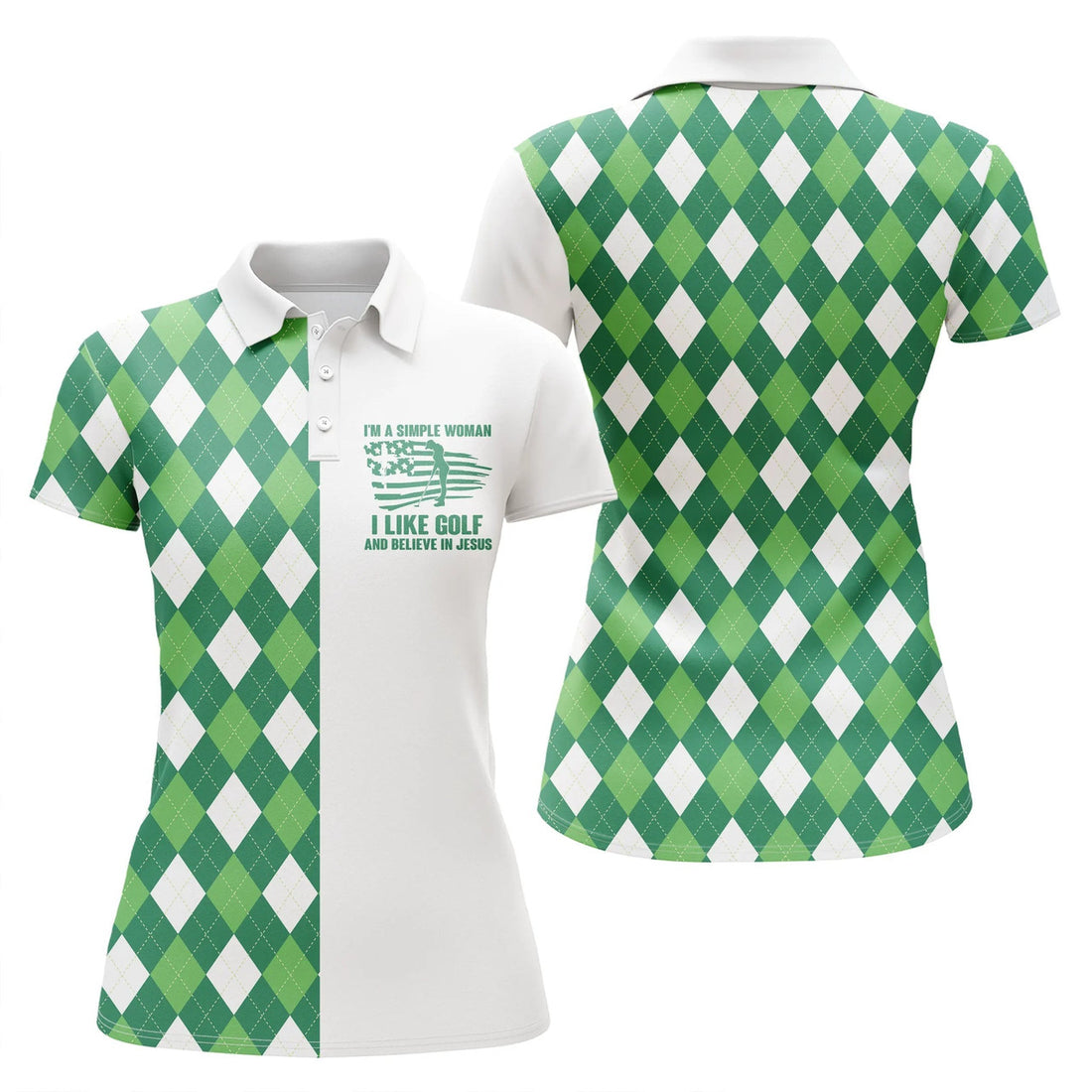 Custom Womens Golf Polo Shirts Green Argyle Plaid Custom I'm A Simple Woman I Like Golf And Believe In Jesus, Perfect Gift For Women