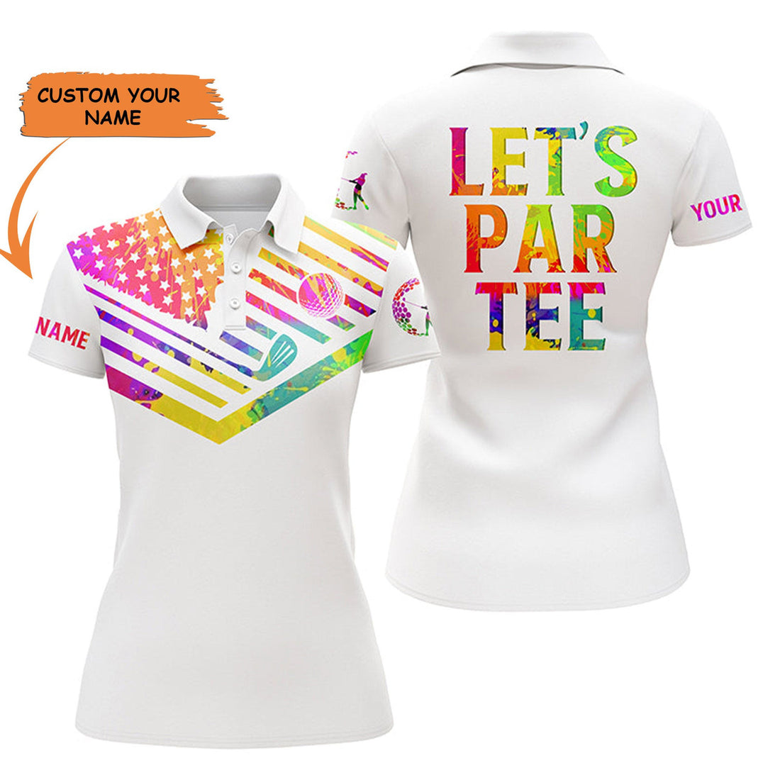 Custom Womens Golf Polo Shirts Watercolor American Flag Patriot Custom Name Let's Par Tee White Golf Shirt