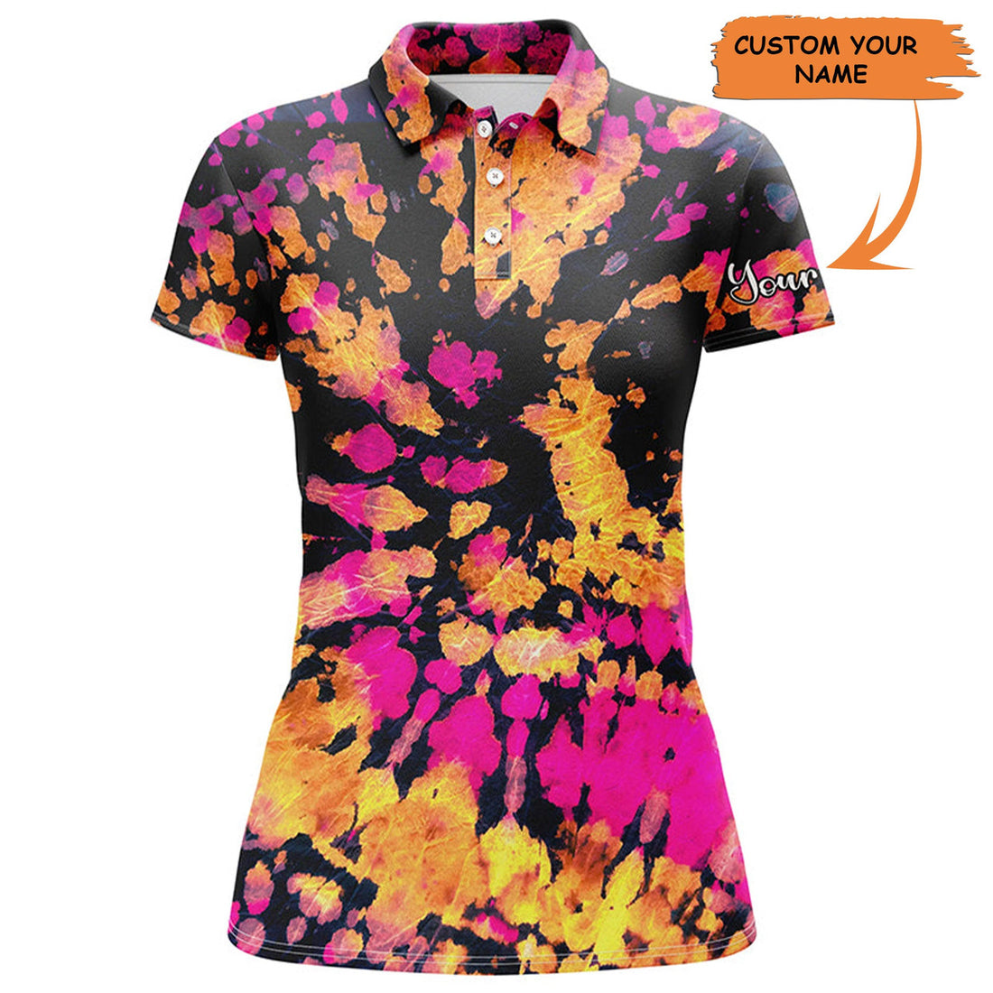 Custom Womens Golf Polo Shirts With Yellow, Pink, Black Tie Dye Pattern Custom Name Golf Shirt For Women