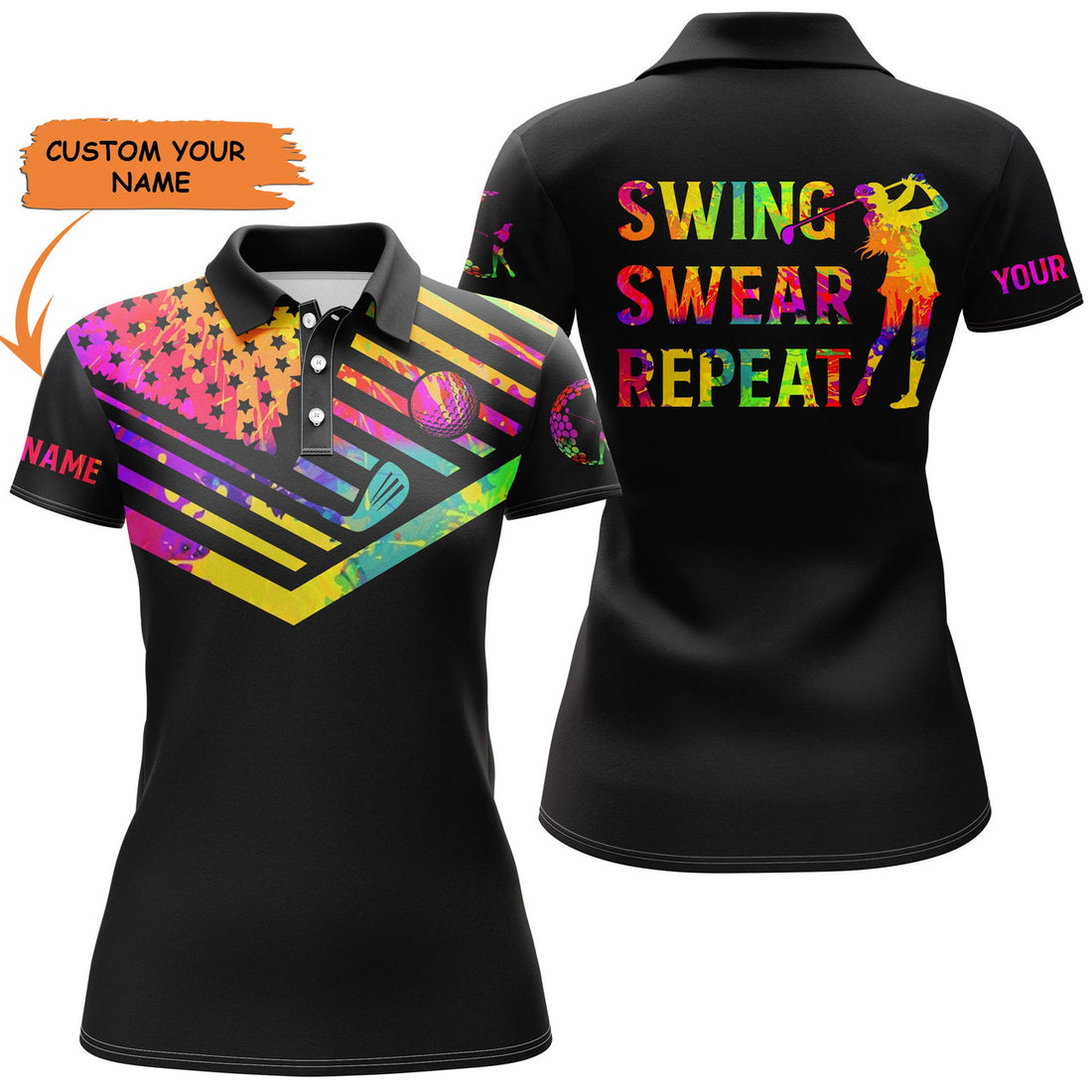 Custom Womens Golf Polo Shirt Watercolor American Flag Custom Name Swing Swear Repeat Black Golf Shirt