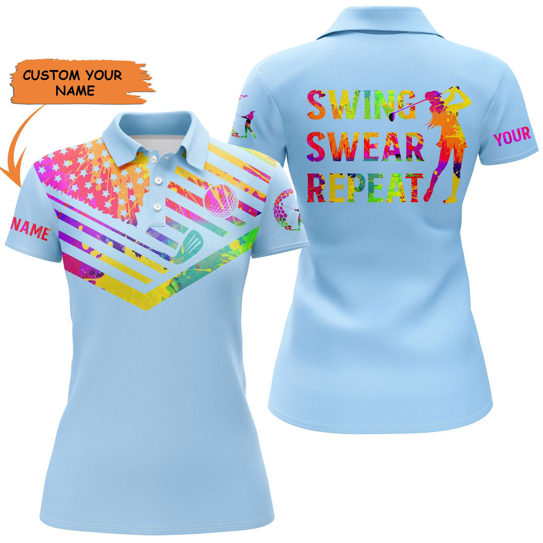 Custom Womens Golf Polo Shirt Watercolor American Flag Custom Name Swing Swear Repeat Light Blue Golf Shirt