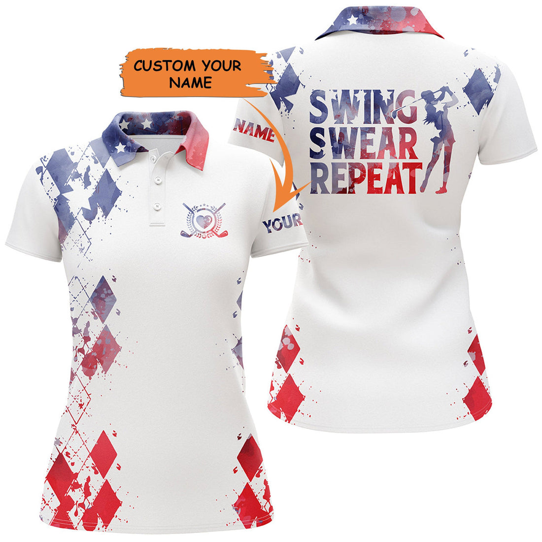 Custom Womens Golf Polo Shirt Watercolor American Flag Custom Name Swing Swear Repeat White Golf Shirt