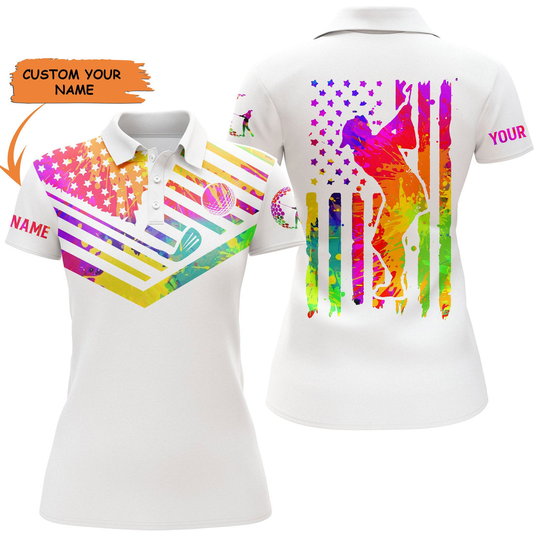 Custom Womens Golf Polo Shirt Watercolor American Flag Custom Name White Womens Golf Shirt, Golfer Gifts