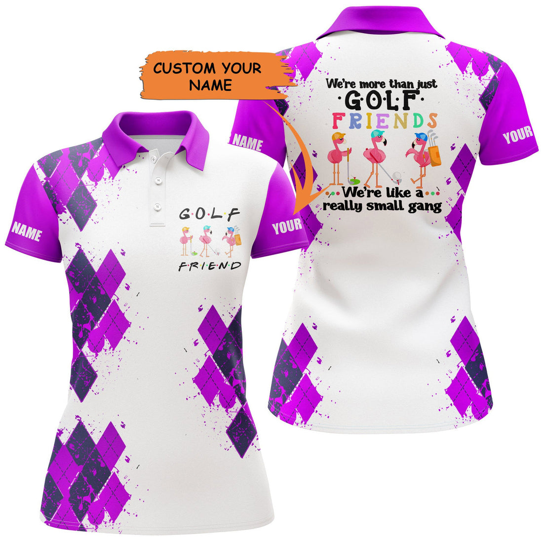 Custom Womens Golf Polo Shirt We're More Than Just Golf Friends Flamingo Custom Name Funny Golf Shirt Purple