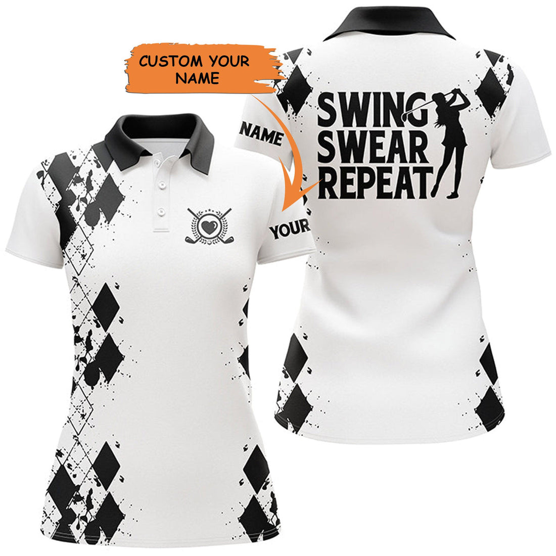 Custom Womens Golf Polos Shirts Custom Name Swing Swear Repeat White Golf Shirt, Golfing Gifts - Black, Perfect Gift For Women