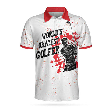 World's Okayest Golfer Golf Polo Shirt, Red Paint Splash Black Golfer Silhouette Polo Shirt, Best Golf Shirt For Men