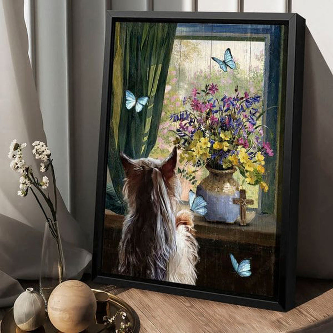 Yorkshire Terrier, Dog Lover, Wall Decor, Butterfly Flower Poster and Canvas