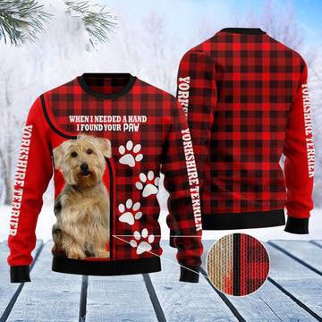 FUNSTUFFPRINT Yorkshire Terrier Paw Ugly Christmas Sweater, Dog Ugly Christmas Sweater, Ugly Dog Sweaters Ugly Sweater