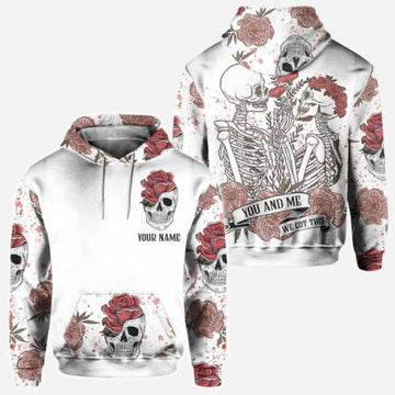 FUNSTUFFPRINT Personalized Skull Couple 3D All Over Hoodie You And Me We Got This Rose 3D Hoodie and Zip Hoodie