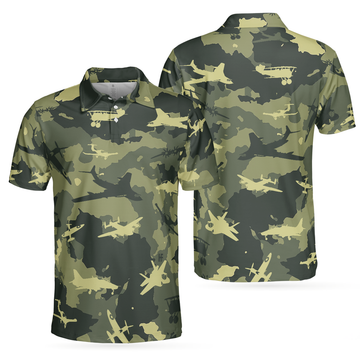 Aircraft Green Camouflage Short Sleeve Polo Shirt, Army Polo Shirt, Best Camo Shirt For Men