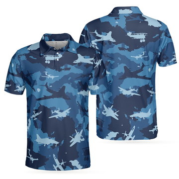 Aircraft Ocean Blue Camouflage Short Sleeve Polo Shirt, Army Polo Shirt, Best Camo Shirt For Men