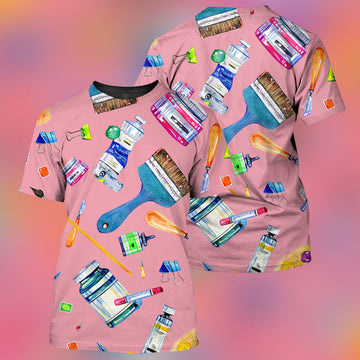 FUNSTUFFPRINT 3D All Over Print Pink Art Teacher Pattern Shirt, PerfecT-Shirt for Women, Teacher Shirt 3D T-shirt