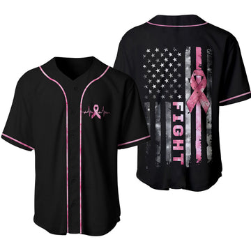 Personalized America Flag Pink Ribbon Breast Cancer Warrior Baseball Jersey
