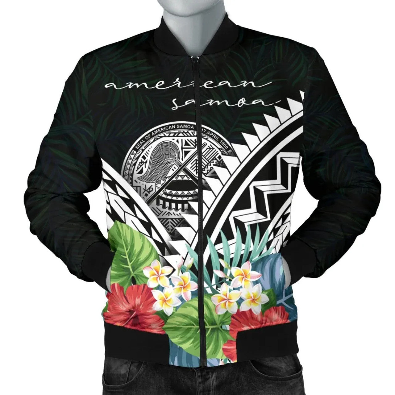 FUNSTUFFPRINT American Samoa Bomber Jacket - Yap Coat of Arms & Polynesian Tropical Flowers White 3D Bomber Jacket