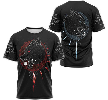 FUNSTUFFPRINT Personalized T-Shirt, Hoodie - Wolves Skoll And Hati Nordic Compass Norse Mythology Pattern 3D T-shirt