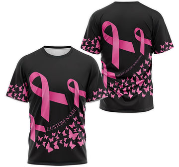 FUNSTUFFPRINT T-Shirt, Hoodie - Custom Name Breast Cancer Awareness Butterfly Pattern 3D T-shirt