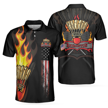 Badminton Flame Short Sleeve Polo Shirt, Black Theme American Flag Badminton Polo Shirt, Best Badminton Shirt For Men