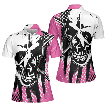 Blade Ladies Golf Pink Short Sleeve Women Polo Shirt, Skull Golf Shirt For Women, Unique Female Goff Gift
