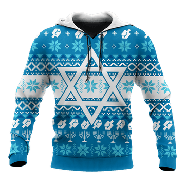 FUNSTUFFPRINT Blue Pattern Star Of David Hanukkah 3D Hoodie and Zip Hoodie