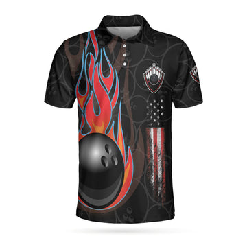 Bowling In Fire And American Flag Short Sleeve Polo Shirt, Bowling Ball Polo Shirt, Best Bowling Shirt For Men