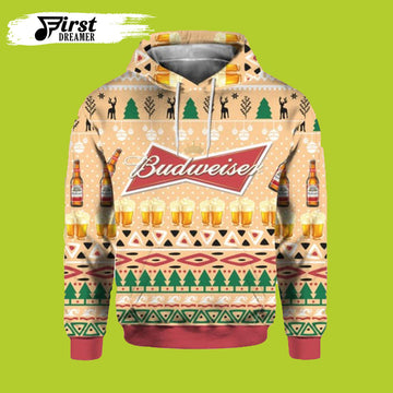FUNSTUFFPRINT Budweiser Beer Bottle Ugly Christmas 3D Beer 3D Hoodie and Zip Hoodie