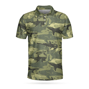 Camouflage Shark Pattern Short Sleeve Polo Shirt, Camo Military Polo Shirt, Best Shark Shirt For Men