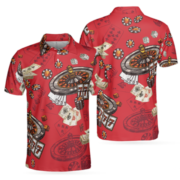 Casino Pattern Red Short Sleeve Polo Shirt, Roulette Wheel Polo Shirt, Best Casino Shirt For Men