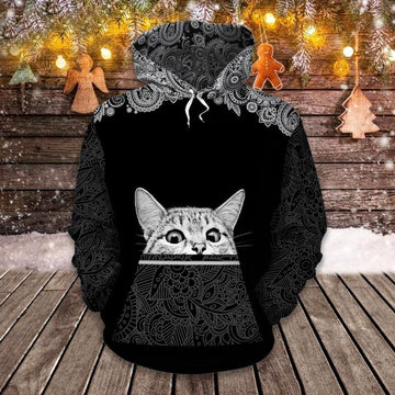 FUNSTUFFPRINT Cat Mandala Black White 3D Hoodie and Zip Hoodie