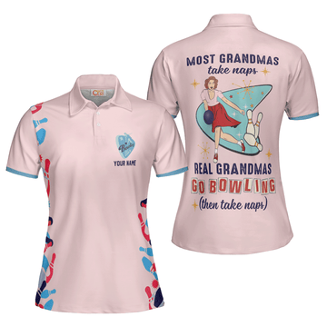 Custom Real Grandmas Go Bowling Short Sleeve Women Polo Shirt, Custom Name Bowling Shirt, Pink Grandma Bowling Shirt - Best Bowling Gift For Women