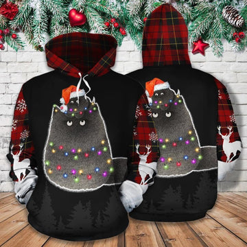FUNSTUFFPRINT Christmas Cat Red Plaid 3D Hoodie and Zip Hoodie