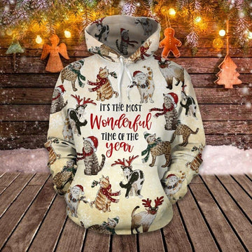 FUNSTUFFPRINT Christmas Cat Wonderful Time Of A Year 3D Hoodie and Zip Hoodie