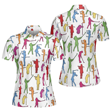 Colorful Female Golfer Short Sleeve Women Polo Shirt, White Golf Shirt For Ladies, Unique Female Golf Gift