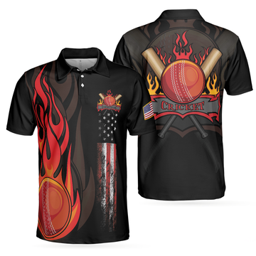 Cricket Flame Short Sleeve Black Polo Shirt For Golf, American Flag Polo Shirt, Best Cricket Shirt For Men