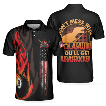 Dinosaur Poolasaurus Flame Skull Billiards Polo Shirt, Short Sleeve Jurassic Billiards Shirt For Men