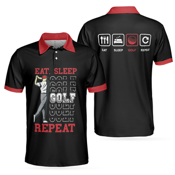 Eat Sleep Golf Repeat Polo Shirt, Short Sleeve Sporty Golfing Polo Shirt, Best Golf Shirt For Men