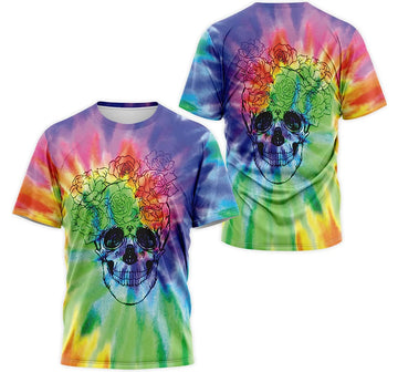 FUNSTUFFPRINT Personalized T-Shirt, Hoodie - Tie Dye Skull Flower 3D T-shirt