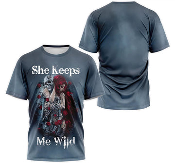 FUNSTUFFPRINT Personalized T-Shirt, Hoodie - She Keeps Me Wild Love Skull Girl Rose 3D T-shirt