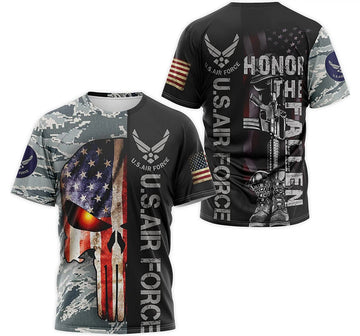 FUNSTUFFPRINT Personalized T-Shirt, Hoodie - Us Air Force Honor The Fallen Skull Camo American Flag 3D T-shirt