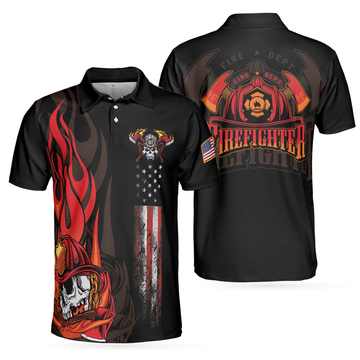 Firefighter Skull Flame Short Sleeve Polo Shirt, Black American Flag Firefighter Shirt For Men