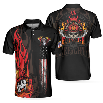 Firefighter Skull Flame Short Sleeve Polo Shirt, First In Last Out American Flag Firefighter Shirt For Men